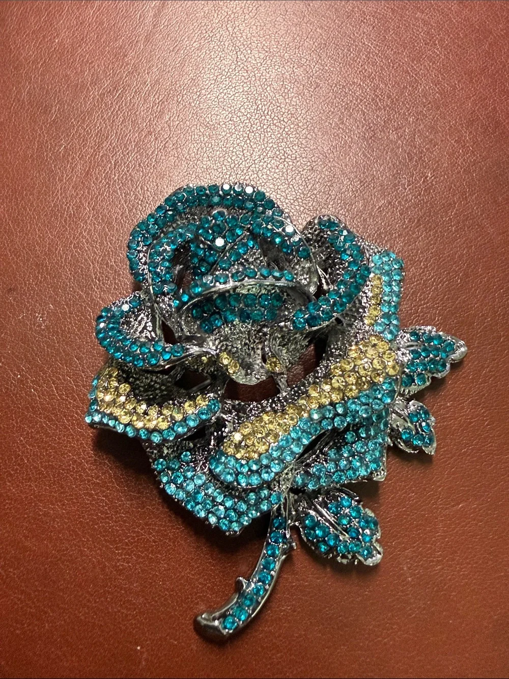 Crystal Rose Brooch in Teal and Gold - Women Jewelry